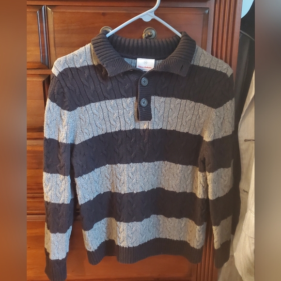 Hanna Andersson Boys Striped Pullover Button Sweater Black Gray Stripe 140 or 10 - Picture 1 of 6